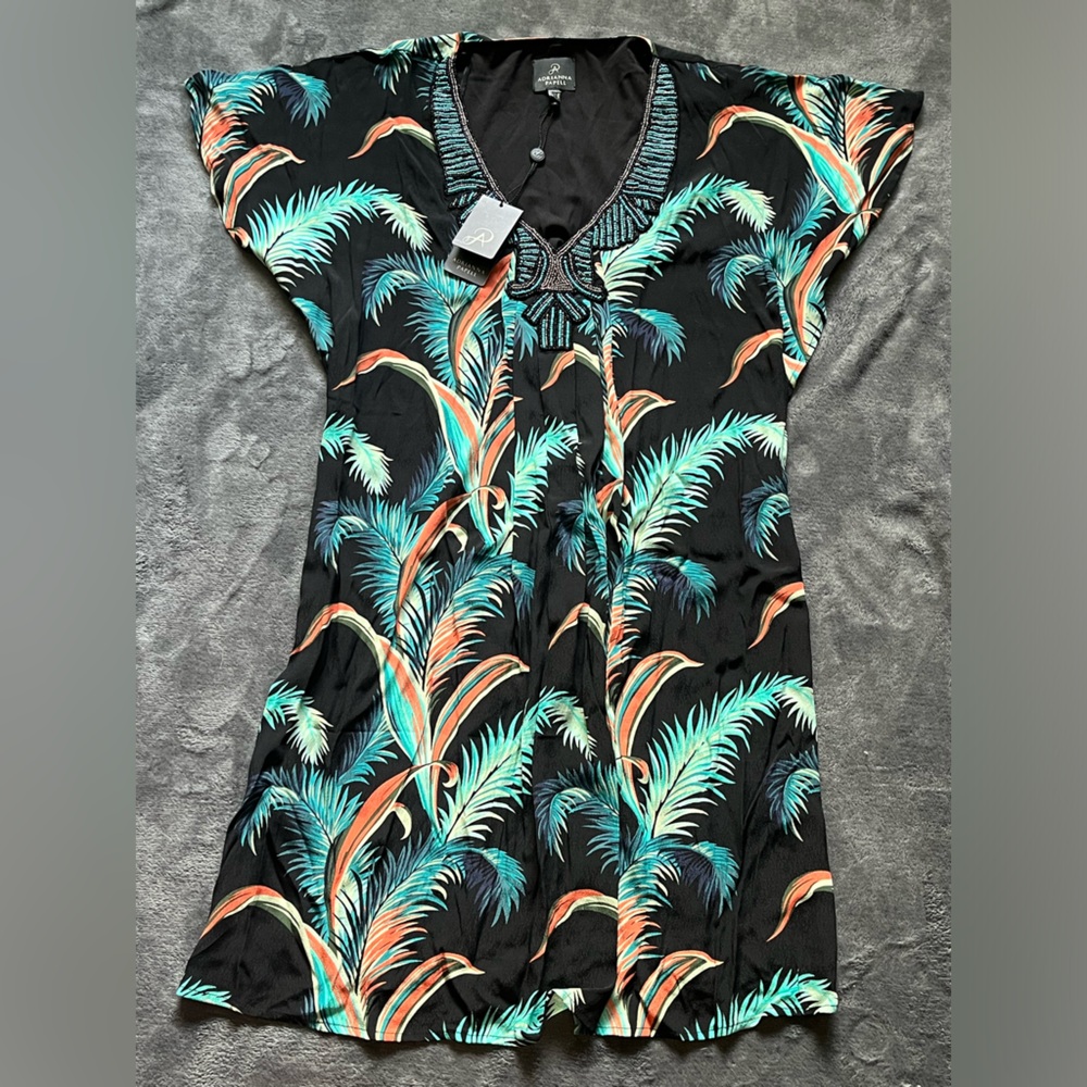 Adrianna Papell Floral‎ Print Short Sleeve Beaded V-Neck Dress Size 2 Tropical